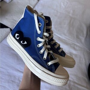 Comme des Garcons PLAY Blue High-Tops with Heart Eyes